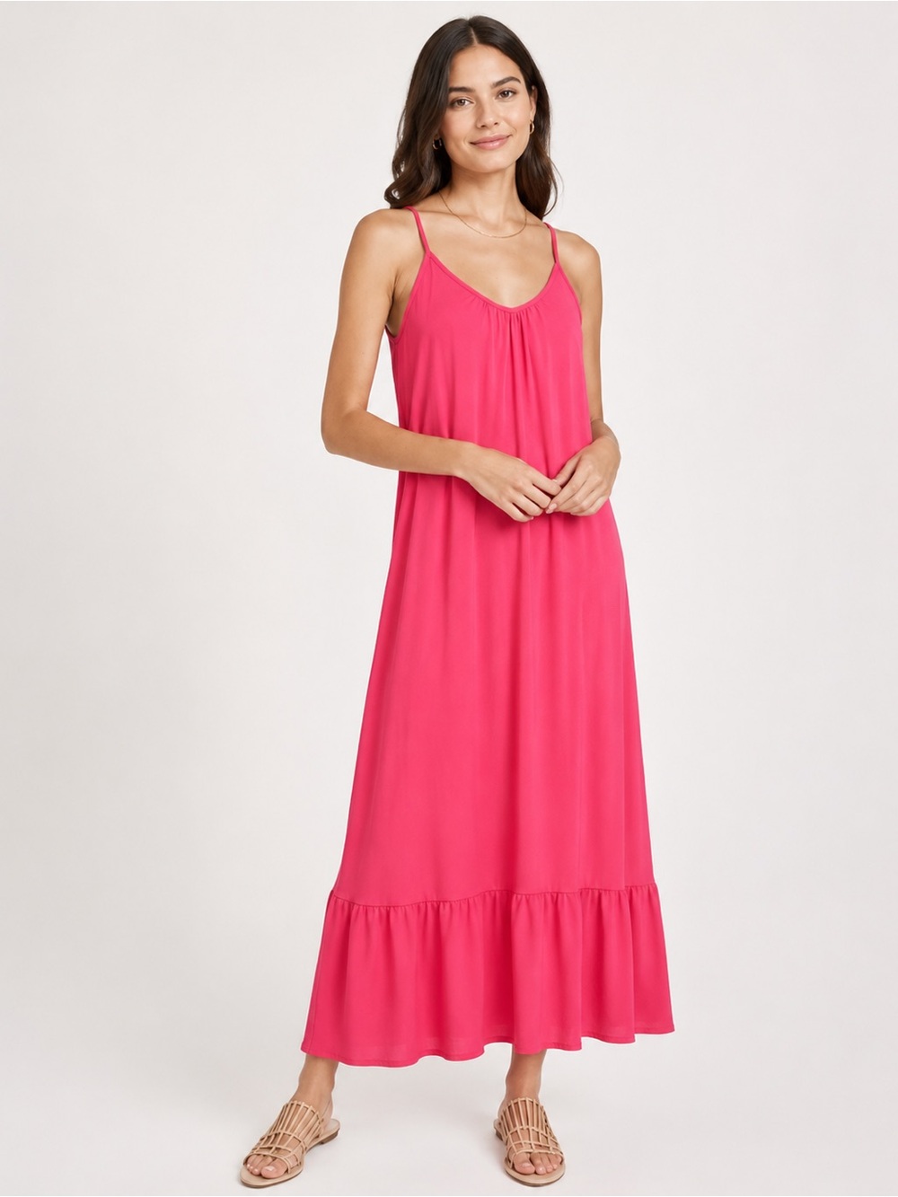 Anthropologie Sundry Ruffle Hem Spaghetti Strap Maxi dress Coral Pink XSmall